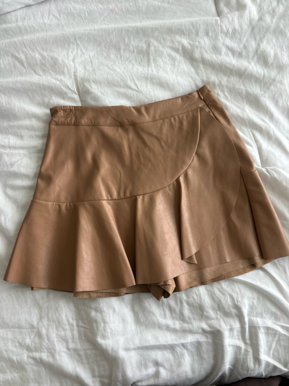 vestique Latte Faux Leather Skort with Ruffle Trim